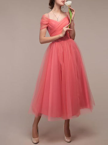 Woochic mi-longue robe demoiselle d'honneur tutu en tulle dos nu col bateau élégant invité mariage Rose S
